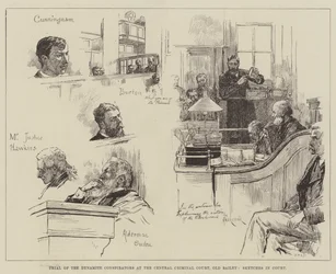 Processo dei cospiratori della dinamite alla Corte Penale Centrale, Old Bailey, schizzi in tribunale